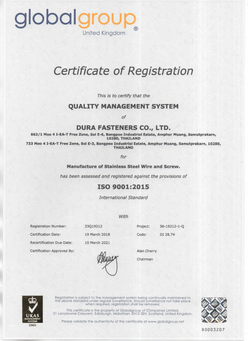 Dura Fasteners Globalgroup Certification Dura Fasteners Globalgroup Certification